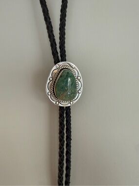 Silver Bolo Tie with Green Stone Accent